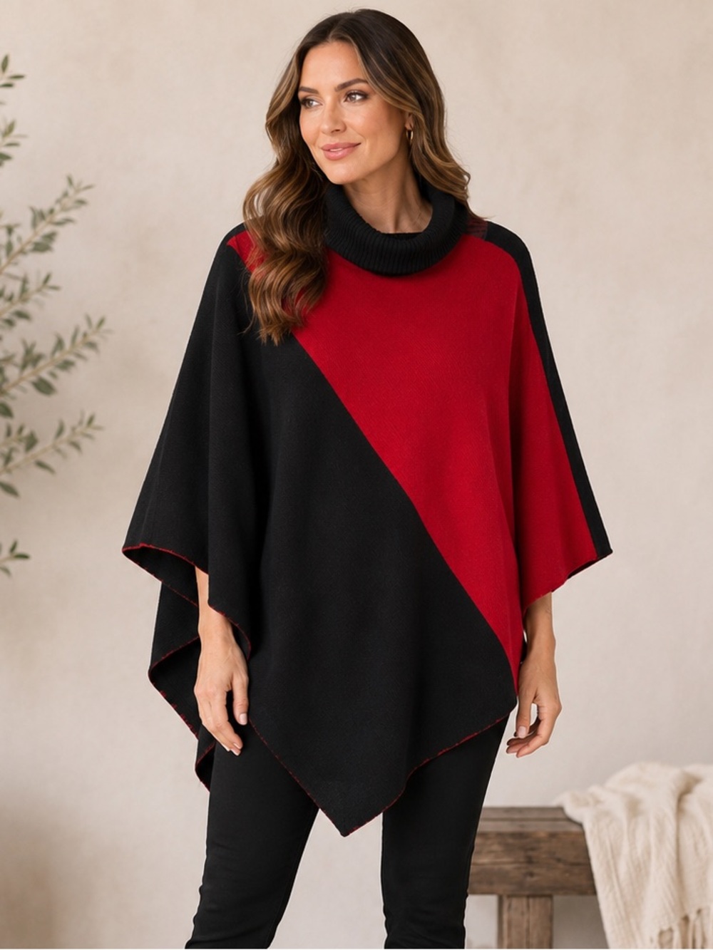 Red Rover Color Block Poncho Shawl Cape Black Red USA Made